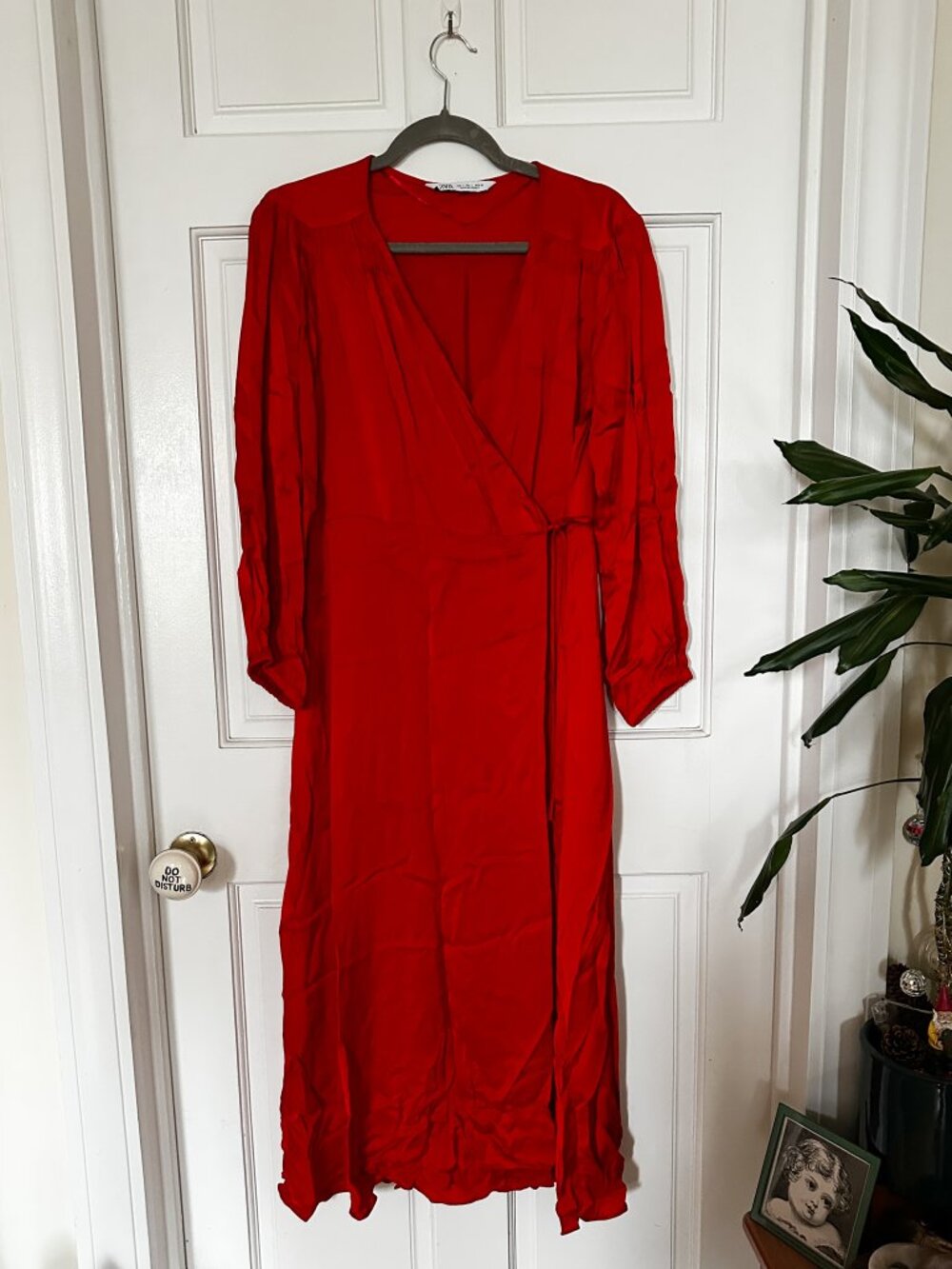 Zara Red Satin Wrap Midi Dress Long Sleeve Tie Waist Size L